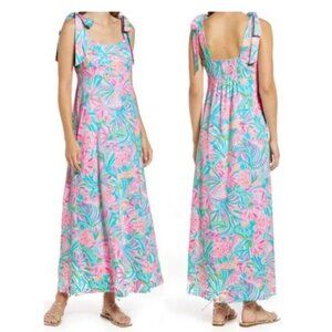 Lilly Pulitzer L Maleka Maxi Dress‎ Tropical Punch Floral Smocked Adjustable Tie